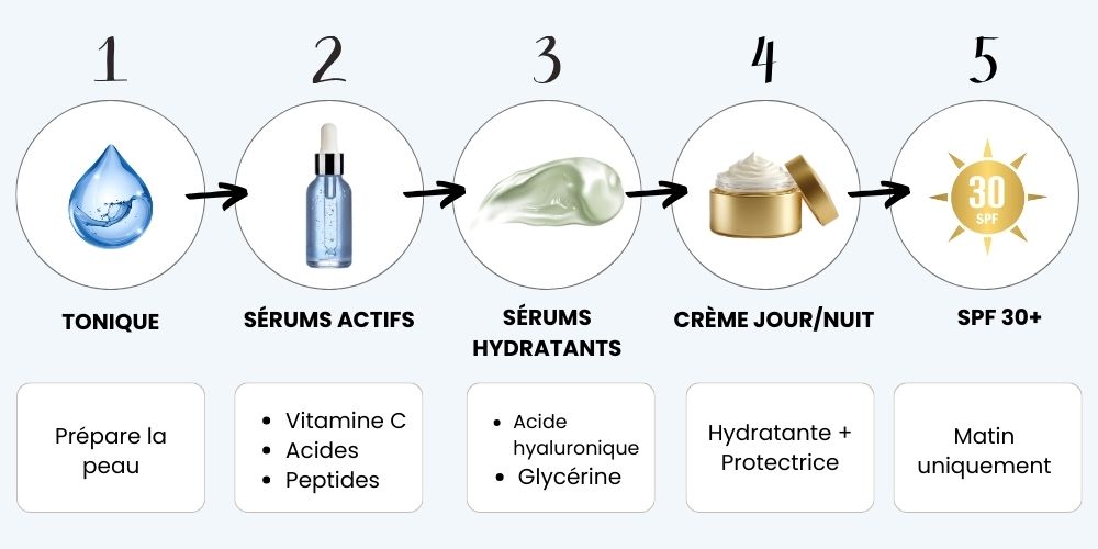 Infographie montrant l'ordre d'application d'une routine soin visage en cinq étapes : 1 tonique, 2 sérums actifs, 3 sérums hydratants, 4 crème jour ou nuit, 5 protection solaire SPF 30+ en dernier le matin